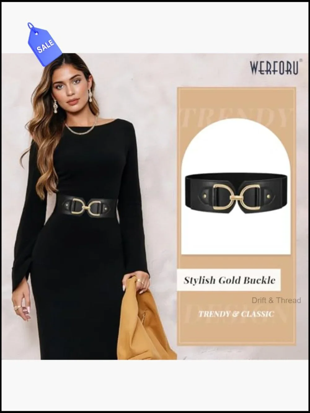 Wide Elastic Belt with Large Gold Buckle Faux Leather Stretchy Thick Dress Belt